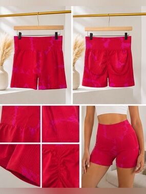 High-Waist Tie-Dye Bike Shorts — Pink & Red